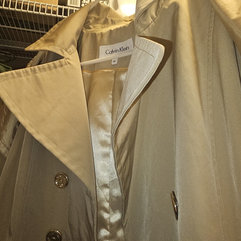 Calvin Klein Trench Coat Women Size L Gold Buttons Belted Double Breasted - Picture 6 of 9